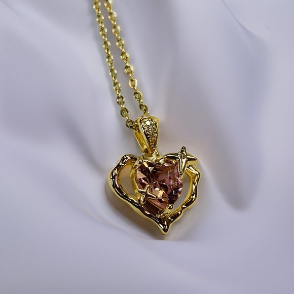 Fifth Ave Jewelry - Gold Heard Zircon Pink and Amethyst Pendant Necklace